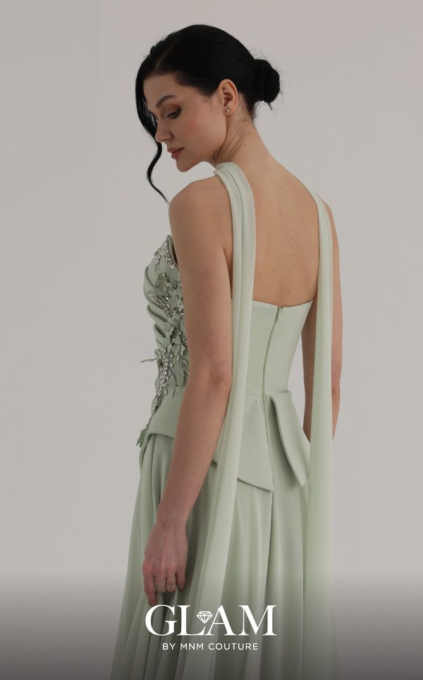 MNM Couture O07856 strapless soft crepe A-line gown with sweetheart neckline, crystals, and laser-cut flowers