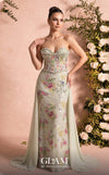 MNM Couture O07858 strapless lace column gown with exposed corsetry, crystals, pearls, and chiffon train