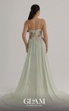 MNM Couture O07858 strapless lace column gown with exposed corsetry, crystals, pearls, and chiffon train