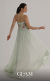 MNM Couture O07858 strapless lace column gown with exposed corsetry, crystals, pearls, and chiffon train