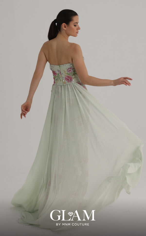 MNM Couture O07858 strapless lace column gown with exposed corsetry, crystals, pearls, and chiffon train