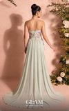 MNM Couture O07858 strapless lace column gown with exposed corsetry, crystals, pearls, and chiffon train