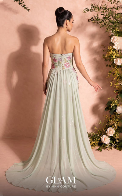 MNM Couture O07858 strapless lace column gown with exposed corsetry, crystals, pearls, and chiffon train