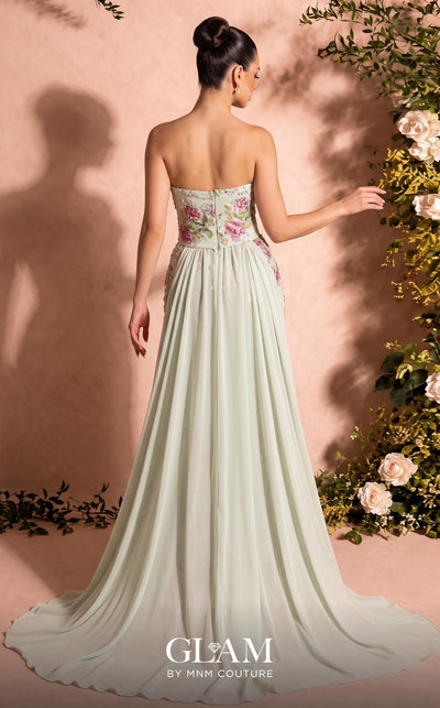 MNM Couture O07858 strapless lace column gown with exposed corsetry, crystals, pearls, and chiffon train