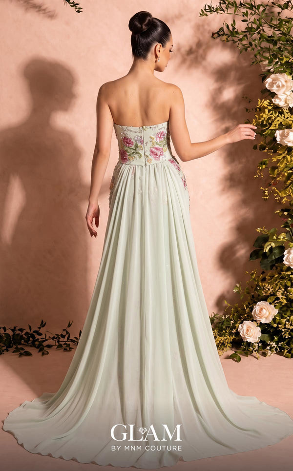 MNM Couture O07858 strapless lace column gown with exposed corsetry, crystals, pearls, and chiffon train