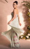 MNM Couture O07858 strapless lace column gown with exposed corsetry, crystals, pearls, and chiffon train