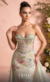 MNM Couture O07858 strapless lace column gown with exposed corsetry, crystals, pearls, and chiffon train