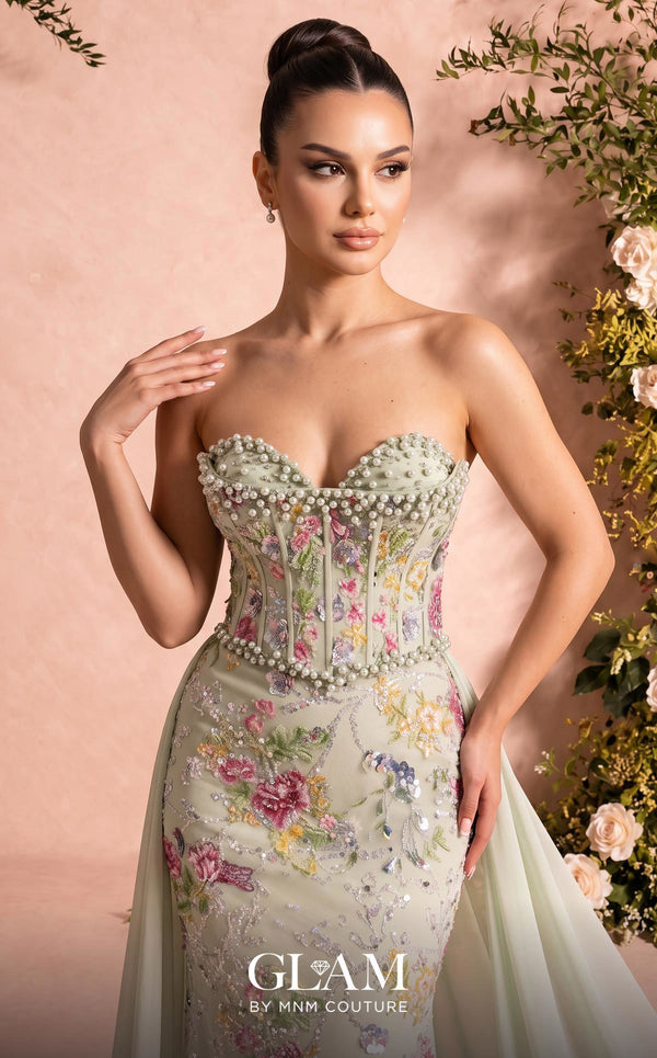 MNM Couture O07858 strapless lace column gown with exposed corsetry, crystals, pearls, and chiffon train