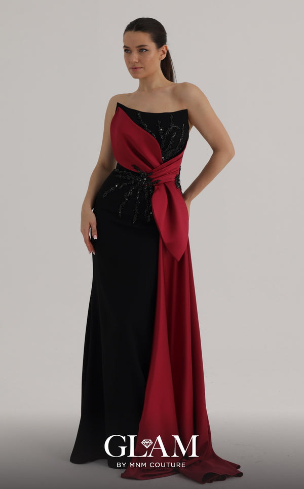 MNM Couture O07861 strapless satin mermaid gown with beadwork, knotted draped overlay, and side train