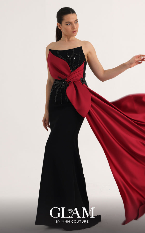 MNM Couture O07861 strapless satin mermaid gown with beadwork, knotted draped overlay, and side train