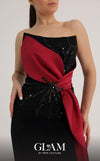MNM Couture O07861 strapless satin mermaid gown with beadwork, knotted draped overlay, and side train