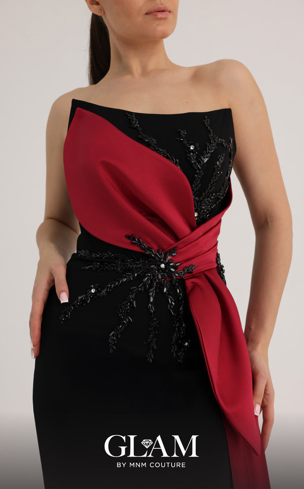 MNM Couture O07861 strapless satin mermaid gown with beadwork, knotted draped overlay, and side train