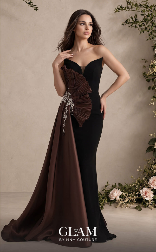 MNM Couture O07862 crepe organza gown with pointed neckline, sweetheart mesh bust, and lustrous side train