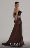 MNM Couture O07862 crepe organza gown with pointed neckline, sweetheart mesh bust, and lustrous side train