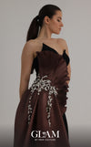 MNM Couture O07862 crepe organza gown with pointed neckline, sweetheart mesh bust, and lustrous side train