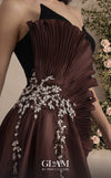 MNM Couture O07862 crepe organza gown with pointed neckline, sweetheart mesh bust, and lustrous side train