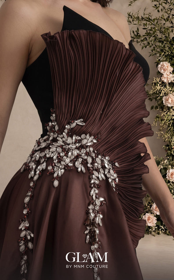 MNM Couture O07862 crepe organza gown with pointed neckline, sweetheart mesh bust, and lustrous side train