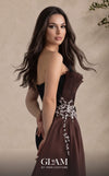 MNM Couture O07862 crepe organza gown with pointed neckline, sweetheart mesh bust, and lustrous side train
