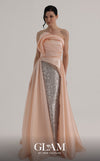 MNM Couture O07863 strapless sequin column gown with fitted corset and dramatic organza overskirt train