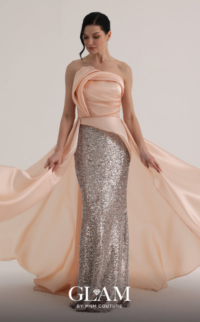 MNM Couture O07863 strapless sequin column gown with fitted corset and dramatic organza overskirt train