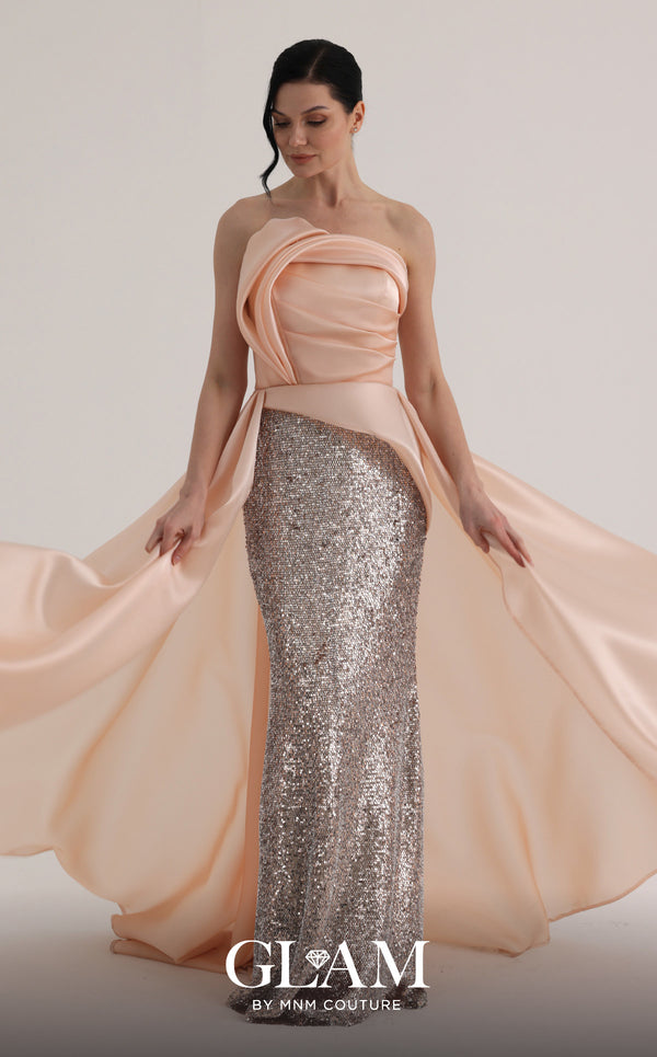 MNM Couture O07863 strapless sequin column gown with fitted corset and dramatic organza overskirt train