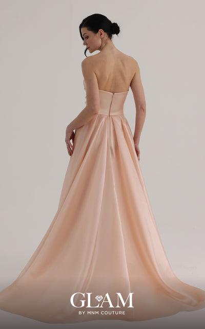 MNM Couture O07863 strapless sequin column gown with fitted corset and dramatic organza overskirt train
