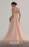 MNM Couture O07863 strapless sequin column gown with fitted corset and dramatic organza overskirt train