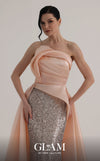 MNM Couture O07863 strapless sequin column gown with fitted corset and dramatic organza overskirt train