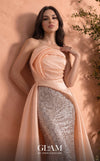 MNM Couture O07863 strapless sequin column gown with fitted corset and dramatic organza overskirt train