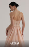 MNM Couture O07863 strapless sequin column gown with fitted corset and dramatic organza overskirt train