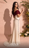 MNM Couture Style O07865 off-the-shoulder crepe column gown with crystal-embellished draped satin and corset | Couture Shop LA