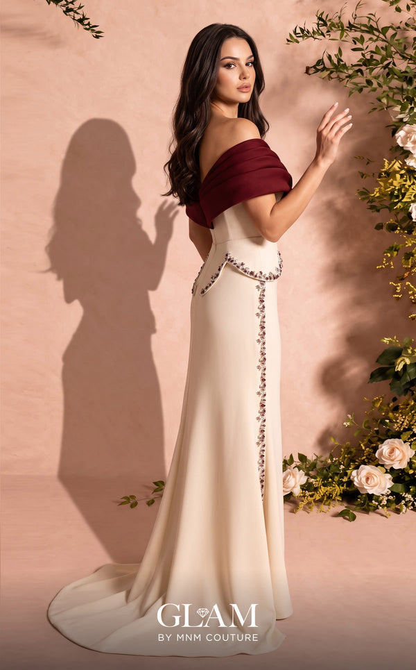 MNM Couture Style O07865 off-the-shoulder crepe column gown with crystal-embellished draped satin and corset | Couture Shop LA