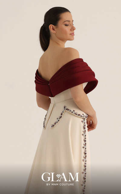 MNM Couture Style O07865 off-the-shoulder crepe column gown with crystal-embellished draped satin and corset | Couture Shop LA