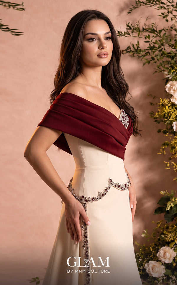 MNM Couture Style O07865 off-the-shoulder crepe column gown with crystal-embellished draped satin and corset | Couture Shop LA