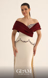 MNM Couture Style O07865 off-the-shoulder crepe column gown with crystal-embellished draped satin and corset | Couture Shop LA
