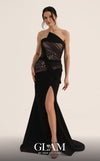 MNM Couture O07868 strapless crepe corset gown with ruched mesh draping, prong-set crystals, and side slit