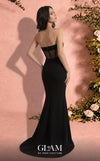 MNM Couture O07868 strapless crepe corset gown with ruched mesh draping, prong-set crystals, and side slit