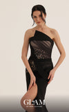 MNM Couture O07868 strapless crepe corset gown with ruched mesh draping, prong-set crystals, and side slit