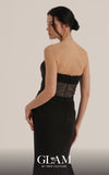 MNM Couture O07868 strapless crepe corset gown with ruched mesh draping, prong-set crystals, and side slit