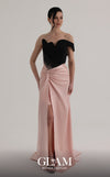 MNM Couture O07870 asymmetric satin gown with off-shoulder sleeve, sarong draping, rhinestones, and side slit