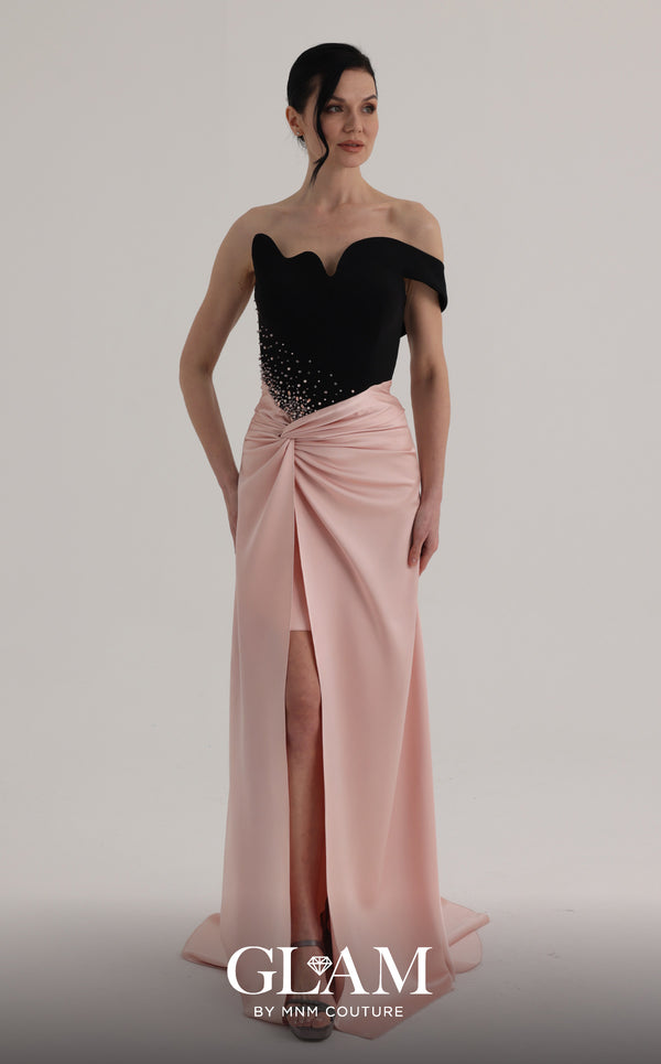 MNM Couture O07870 asymmetric satin gown with off-shoulder sleeve, sarong draping, rhinestones, and side slit