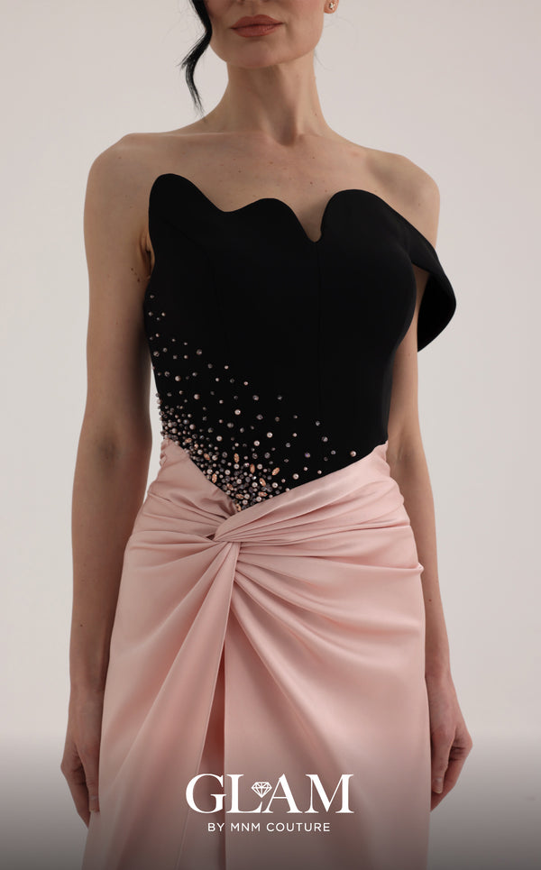 MNM Couture O07870 asymmetric satin gown with off-shoulder sleeve, sarong draping, rhinestones, and side slit