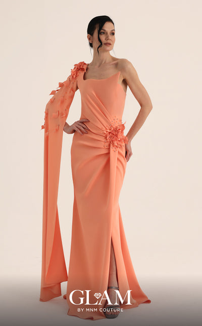 MNM Couture Style O07883 asymmetric cap sleeve crepe gown with floral and rhinestone embellishments | Couture Shop LA