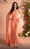 MNM Couture Style O07883 asymmetric cap sleeve crepe gown with floral and rhinestone embellishments | Couture Shop LA
