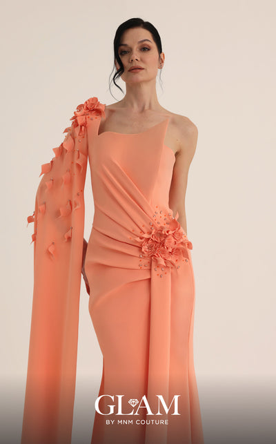 MNM Couture Style O07883 asymmetric cap sleeve crepe gown with floral and rhinestone embellishments | Couture Shop LA