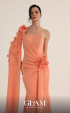 MNM Couture Style O07883 asymmetric cap sleeve crepe gown with floral and rhinestone embellishments | Couture Shop LA