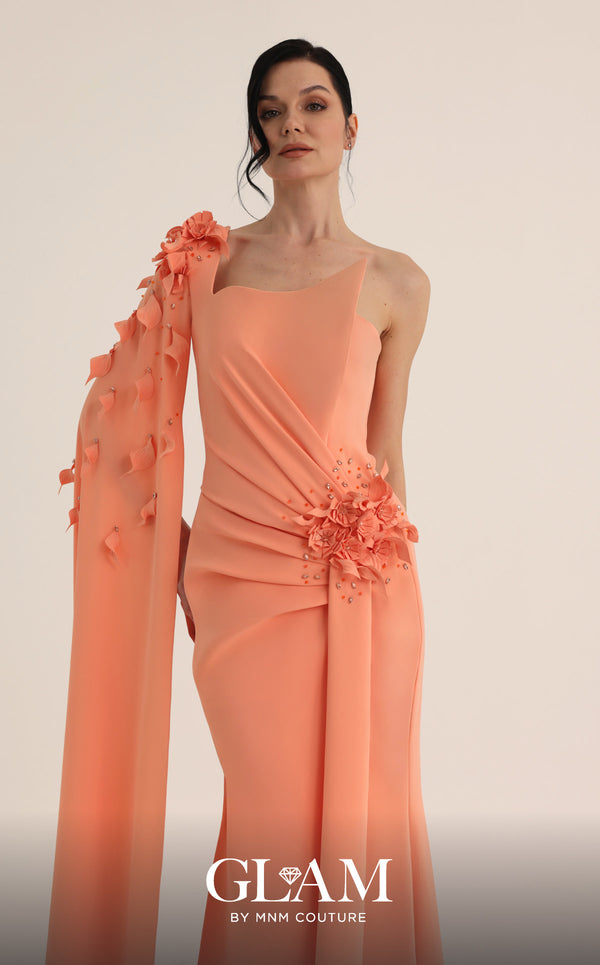 MNM Couture Style O07883 asymmetric cap sleeve crepe gown with floral and rhinestone embellishments | Couture Shop LA