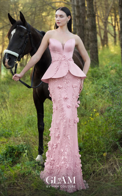 MNM Couture O07909 black strapless gown with illusion sweetheart neckline, crystal beaded waist vine, petal peplum panels, and fitted tulle skirt with 3D floral appliqués | Couture Shop LA