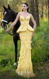 MNM Couture O07909 black strapless gown with illusion sweetheart neckline, crystal beaded waist vine, petal peplum panels, and fitted tulle skirt with 3D floral appliqués | Couture Shop LA