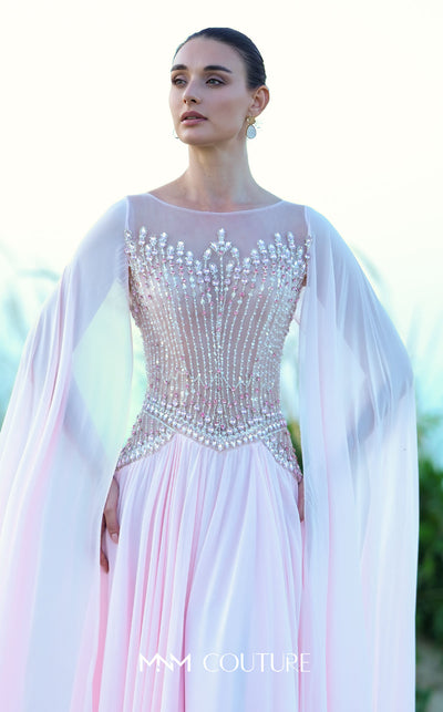 MNM Couture O09004 blush pink A-line gown with fully beaded illusion corset bodice, high bateau neckline, floor-length chiffon cape panels at both shoulders, and full chiffon skirt with sweep train | Couture Shop LA